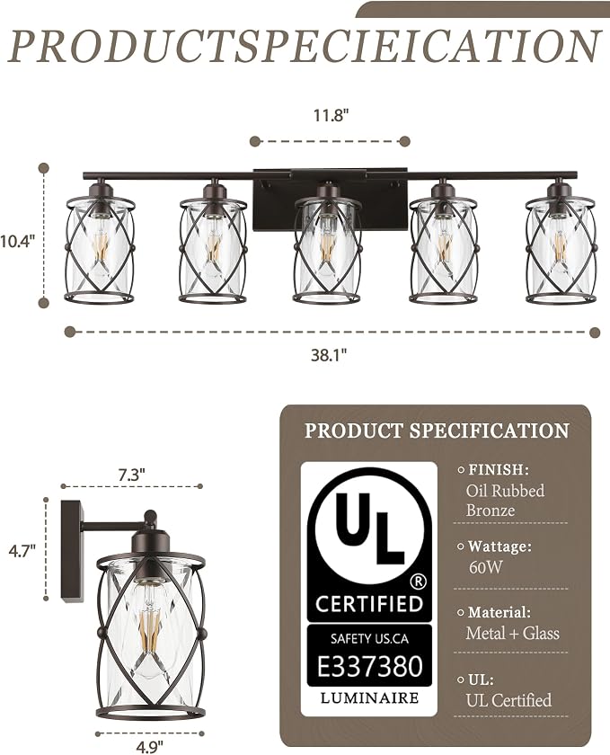 5-Light Oil Rubbed Bronze Bathroom Light Fixtures Over Mirror, 38" UL-Listed Modern Farmhouse Wall Sconce Lights with Clear Glass and Metal Cage for Bath, Hardwire E26, CH9176ORB-5W