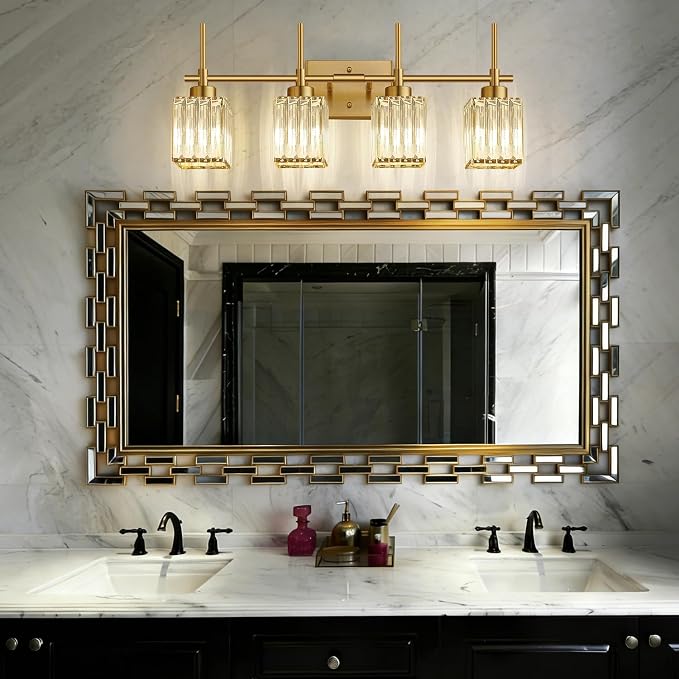 Torondo Modern Crystal Bathroom Vanity Light 4-Lights Brushed Gold Bathroom Light Fixtures Over Mirror Brushed Gold Vanity Lighting Fixtures Square Shade Brass Wall Sconce (Bulbs Not Include)