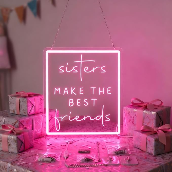 Sisters Make The Best Friends Neon Sign, Pink Led Wall Decor for Bedroom, Gift for Sister, Best Friend, BFF, USB Dimmable Aesthetic Room Decor for Girls, Unique Friendship Gift (13.8"x12.4")