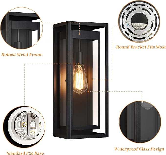 19" Large Outdoor Wall Light Fixtures, Black Porch Light | Large Size, Anti-Rust, Waterproof, Tempered Glass, Easy Installation, Modern Exterior Sconces for House Entryway Garage