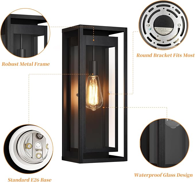 19" Large Outdoor Wall Light Fixtures, Black Porch Light, 2 Pack | Large Size, Anti-Rust, Waterproof, Tempered Glass, Easy Installation, Modern Exterior Sconces for House Entryway Garage
