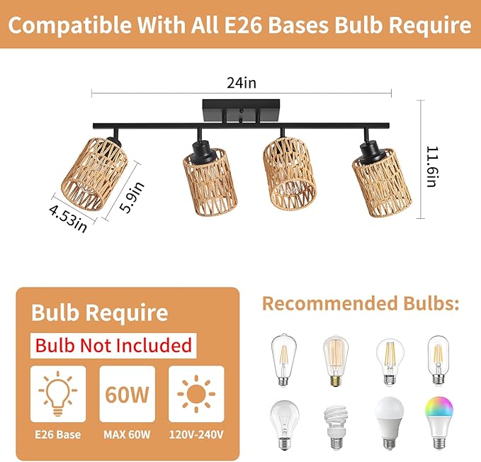 4 Light E26 Track Lighting Fixtures Ceiling Rattan Farmhouse Boho Ceiling Track Lighting, Directional Rotatable Modern Track Ceiling Light Fixtures for Kitchen Bedroom Hallway Porch Foyer