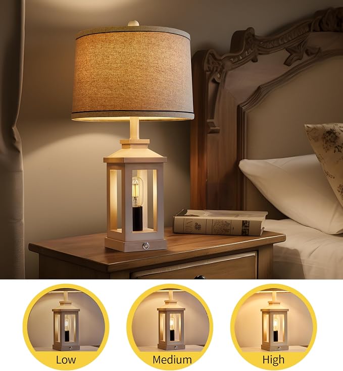 G-SAFAVA 23.75" Retro Farmhouse USB C+A Ports Table Lamp with 3 Way Dimmable Touch Control White Nightlight Vintage Modern Lamp for Living Room Bedroom with 2 Light Sources