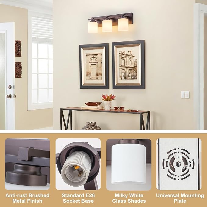 Modern Bathroom Light Fixtures Over Mirror, Vanity Lights for Bathroom Wall Sconces with Milky White Glass Shades, E26 Socket (Bulbs Not Included), 3 Light, Oil Rubbed Bronze