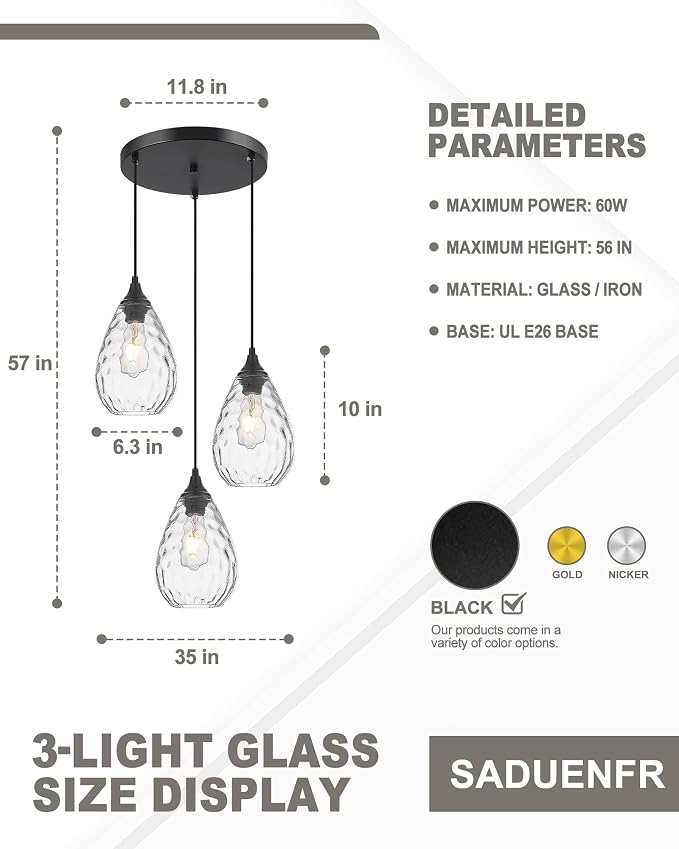 Black 3-Light Pendant Lighting, Modern Dining Room Light Fixture Over Table with Hammered Glass, Cluster Hanging Lights for Kitchen Island Dining Room
