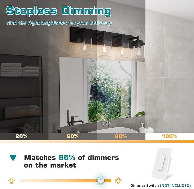Bathroom Vanity Light, Clear Glass Shade 4 Lights Morden Bathroom Lighting Fixtures Over Mirror, Black Bathroom Light Vanity Fixtures for Bathroom/Living Room/Bedroom