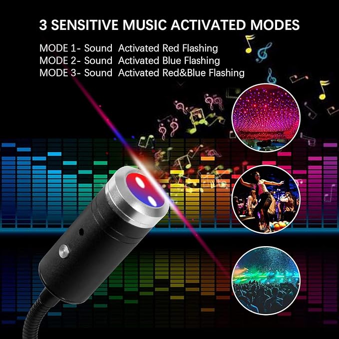USB Star Light Sound Activated, 3 Colors + 9 Functional Modes, Aevdor Car Ceiling Interior Light, Romantic USB Night Light Decorations for Home Car Room Party Ceiling,Plug and Play (Red&Blue)