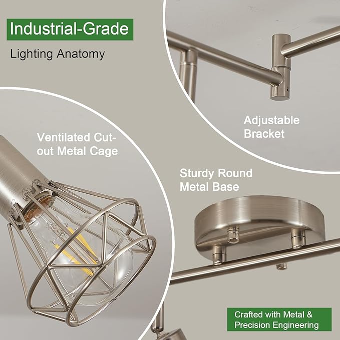 4-Light Track Light Brushed Nickel Adjustable Kitchen Track Lighting Multi-Directional Cage Flush Mount Ceiling Light with E26 Base Farmhouse Close to Ceiling Lamp for Dining Room Hallway
