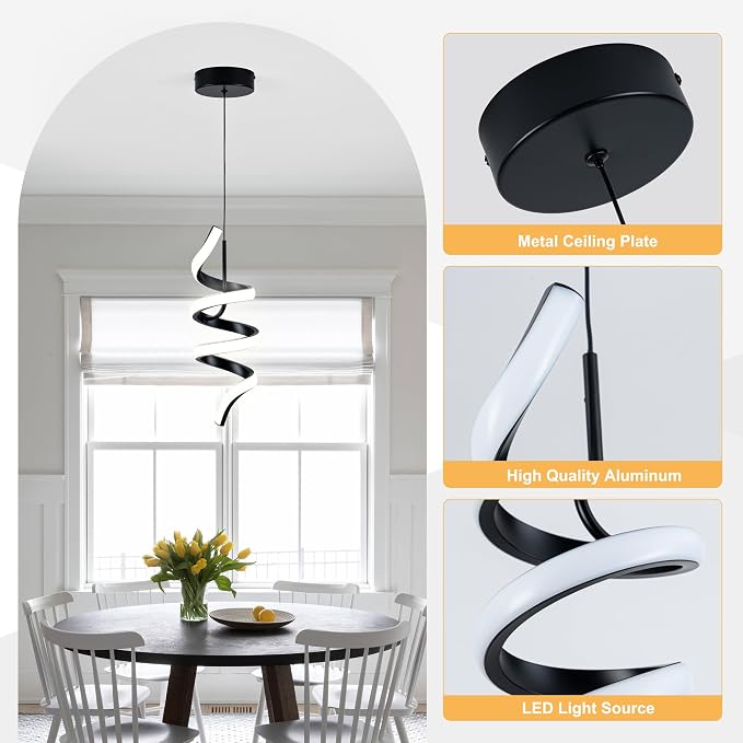 MAYNA Spiral Modern Pendant Light, 4000K Natural White LED Pendant Lights Kitchen Island, 11W Adjustable Height Island Lights for Kitchen Bedroom Dinning Room Living Room, 1 Pack (Black)