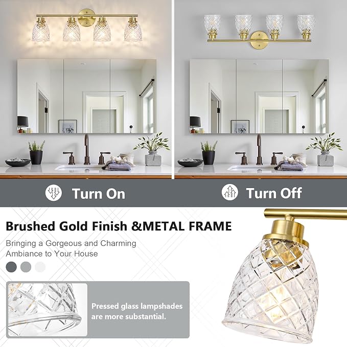 4-Light Vanity Light Over Mirror, Brushed Gold Bathroom Light Fixtures | Modern Farmhouse Wall Sconces with Hammered Glass Lampshade for Kitchen Hallway Bedroom Living Room Cabinet Porch-27.5IN