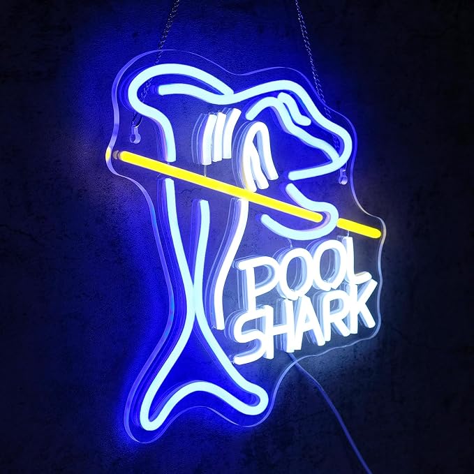 Pool Shark Neon Sign for Wall Decor Dimmable Led Lights Signs Billiards LED Signs for Game Room Shark Neon Light Room Decor for Bar Pub Club Man Cave Decoration Boys Gift