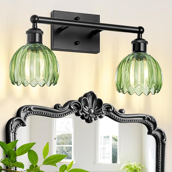 Bathroom Light Fixture,2-Light Vintage Bathroom Sconces Over Mirror, Black Fancy Vanity Lights, Flower Light Fixture with Green Tulip Glass Shade for Bedroom, Living Room, E26 Base