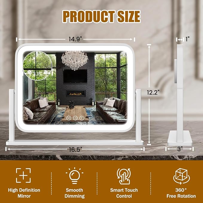 Vanity Mirror with Lights, 16.5"×12.2" LED Makeup Mirror, Rounded Frame, 10X Magnification, Smart Touch with 3-Color Lighting, Dimmable, 360° Rotation, Lighted Up for Makeup Desk, Bedroom (White)