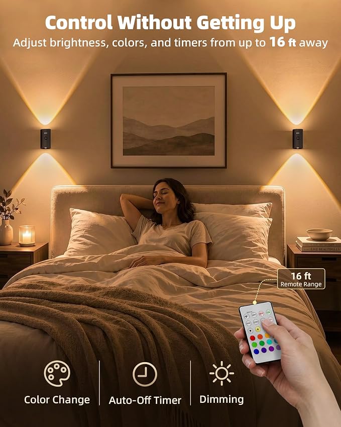 EZVALO Motion Sensor Wall Lights, Rechargeable Wall Sconce Battery Operated with Remote, 3 Color Temps & 12 RGB, Wireless Wall Light for Living Room, Hallway, Stairway (4 Pack, Black)