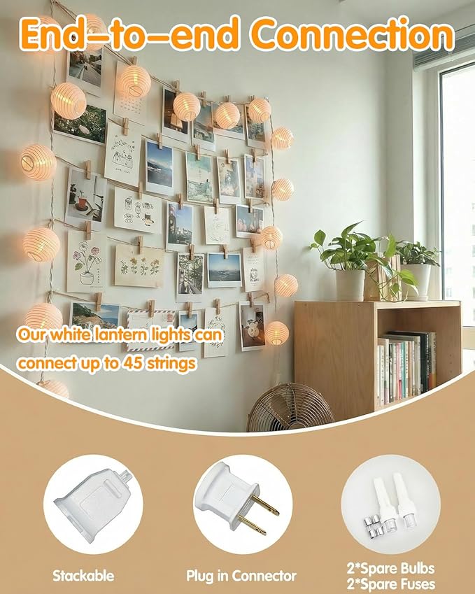 SUNSGNE 8.5Ft Cute White Lantern String Lights, 10 Mini LED Oriental Style White Lanterns Plug in Home & Garden Decorative Lights for Indoor Outdoor Patio Party Wedding Bedroom Bistro Bar