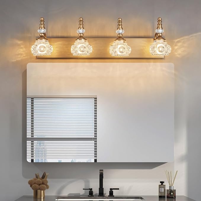 Modern Glass Crystal Vanity Light - Vintage Bathroom Lighting Fixtures Over Mirror, 4 Light Vanity Lights G9 Bulb (27.55 Inch,Brass)