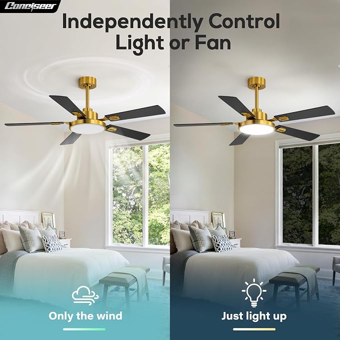 Conciseer 52 Inch Ceiling Fans with Lights and Remote for Bedroom Living Room Kitchen Office, Indoor/Outdoor Use, 6CCT Dimmable, 5 Blades, 6 Speed Reversible Quiet DC Motor, Gold/Wood Grain