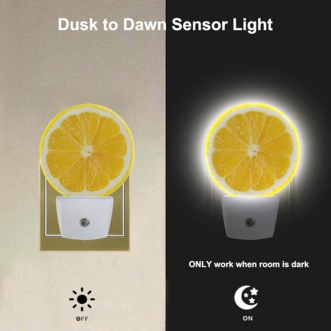 EKOBLA Yellow Lemon Slice Night Light, Funny Night Lights Plug into Wall with Dusk to Dawn Sensor, Cute Fruit Design Plug-in Nightlight for Bedroom Bathroom Hallway