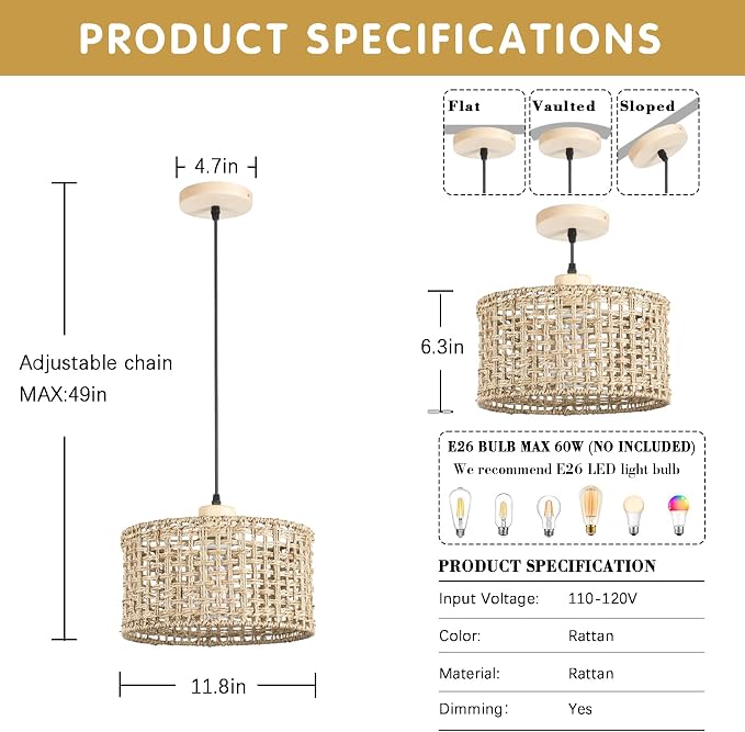 Hand-Woven Rattan Pendant Light, 11.8" Bohemian 1-Light Natural Wicker Hanging Lighting Fixture Ceiling Farmhouse Basket Hanging Lamp Chandelier for Kitchen Island, Living Dining Room