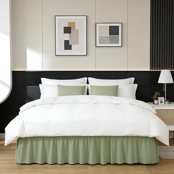 RIMELA Sage Green Bed Skirt Twin Size 15 Inch Drop, Elastic Bed Skirting for Bed Base and Frame, Bedding Dust Ruffle Easy to Install, Wrap Around Adjustable Bedskirt