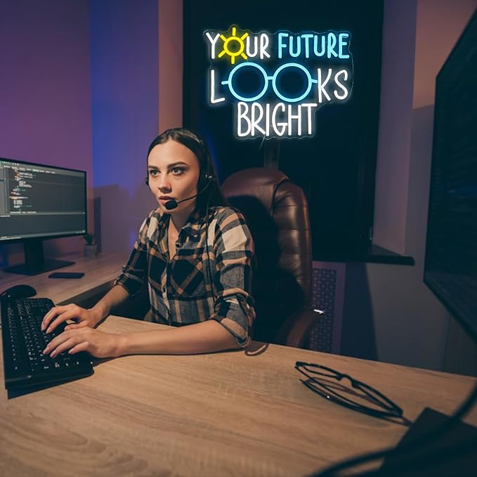 Your Future Looks Bright Neon Sign for Classroom Future Neon Light Eyeglasses Led Neon Sign Sunshine Light Up Sign for Classroom Office Bedroom Eyeglasses Store Class Office(16.5”*12.6”)