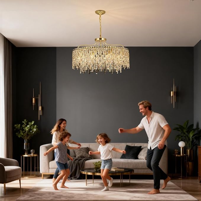 10 Lights Modern Gold Crystal Chandeliers for Dining Room Light Fixture | D28 Round Crystal Chandelier Over Table | Hanging Lighting for Living Room Kitchen Island Bedroom Bathroom