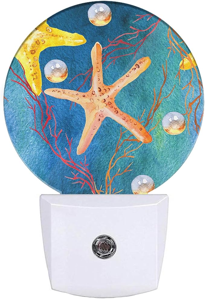 EKOBLA Seashell Pearl and Starfish Night Light, Summer Teal Blue Night Lights Plug Into Wall with Dusk to Dawn Light Sensors, Coastal Nightlights for Bedroom, Bathroom