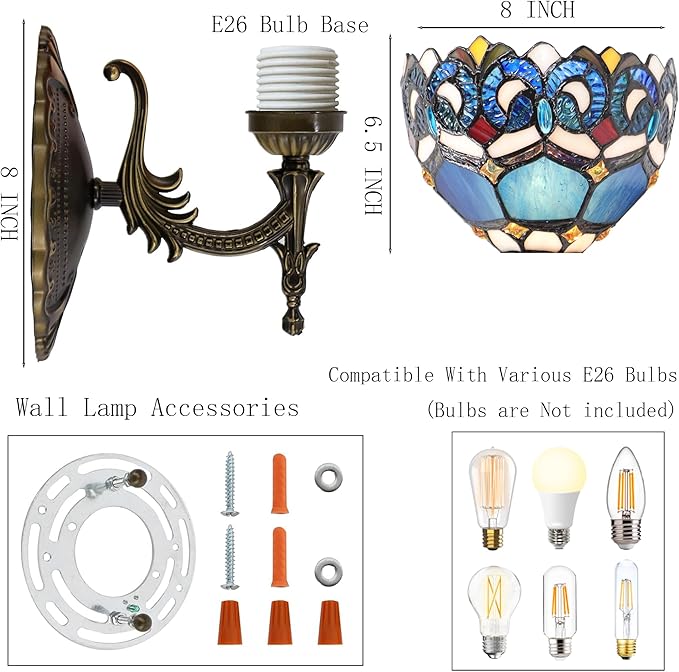 Tiffany Sconce Lamp Stained Glass Wall Lamp,8X10.5X11 Inch Plug in Wall Bedside Light for Hallway Bedroom (Blue Baroque)