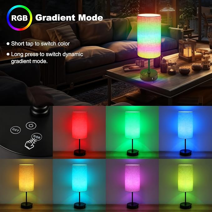 17Inch Table Lamp for Bedroom, Touch Control Bedside Lamp for Reading, 3 CCT & 7 RGB Color Changing, Dimmable Nightstand Lamp for Kids Room Living Room Office, Beige Shade