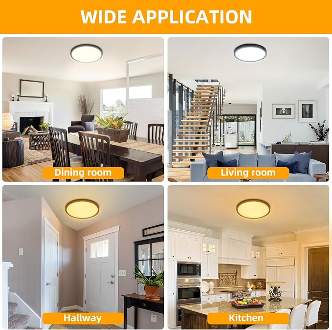 Hlite 12 Inch Flush Mount LED Ceiling Light,2400LM,3CCT,4 Pack | 24W 3000K/4000K/5000K Selectable,Low Profile Ceiling Light Fixtures for Kitchen Bedroom Hallway Laundry Room Closet,Black