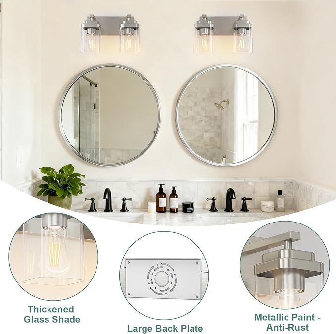 Brushed Nickel Bathroom Light Fixtures, 2 Lights Bathroom Lighting Fixtures Over Mirror, Square Design & Rectangle Large Backplate, Modern Vanity Lighting Fixtures, for Living Room/Bedroom
