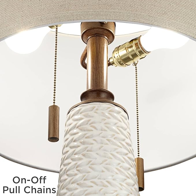 Possini Euro Design Kingston Mid Century Modern 3-Way Table Lamp 32 3/4" Tall with USB Charging Port White Ceramic Taupe Drum Shade for Bedroom Living Room Nightstand Bedside Night Stand Office