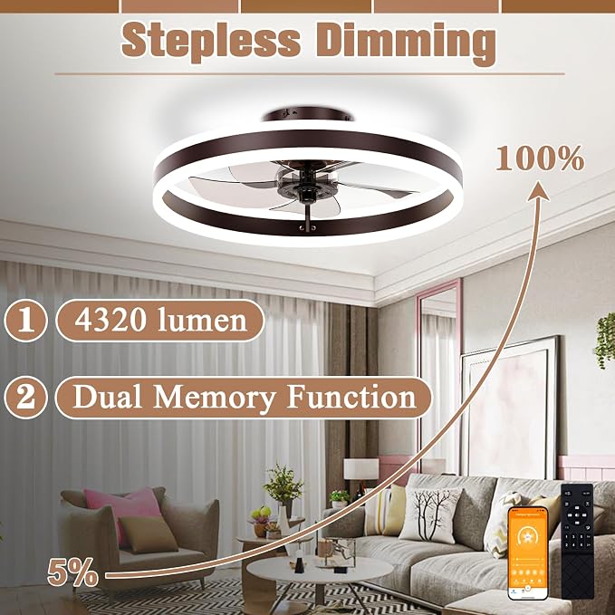VOLISUN Low Profile Ceiling Fans with Lights and Remote, 19.7in Flush Mount Ceiling Fans with Light, 3000K-6500K Dimmable Fandelier LED Fan Light, Brown Bladeless Ceiling Fans with Lights for Bedroom