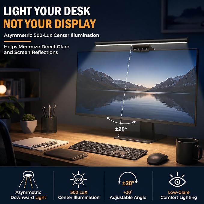 Monitor Light Bar 15.8", No-Glare Asymmetric Desk Screen Lamp | Auto-Dimming USB Reading Lamps, CRI Ra97, 2700K-6500K & Stepless Dimming, Touch Control, 5V/2A Adapter for Home Office