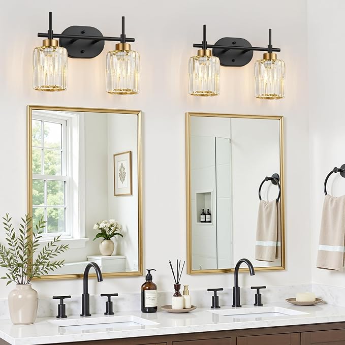 Modern Crystal Bathroom Vanity Light Fixtures, 2-Light Black and Gold Bathroom Wall Sconce Lighting for Over Mirror, Clear K9 Crystal Shades, E26 Base, Bulbs Not Included