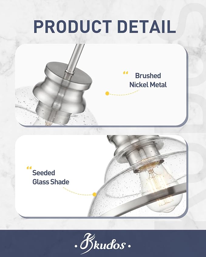 kudos 14" Brushed Nickel Seeded Glass Pendant Light, KDPL14-BN-M | E26 Bulb Base, Hardwired, Farmhouse Styling, Adjustable Hanging Rods for Flat or Sloped Ceilings, for Kitchen Bars