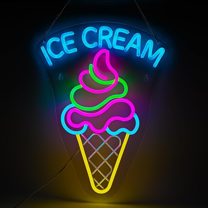 Ice Cream Neon Sign - Dimmable Dessert Bar LED Light for Business & Party Decor, Christmas Birthday Gifts for Ice Cream Lovers