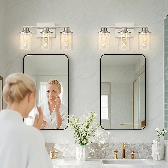 L LOHAS LED 3-Light Brushed Nickel Vanity Lights with 5CCT, Eye Protection LED Bathroom Light Fixtures, Dimmable Modern Bathroom Vanity Light Over Mirror with Clear Glass Shade