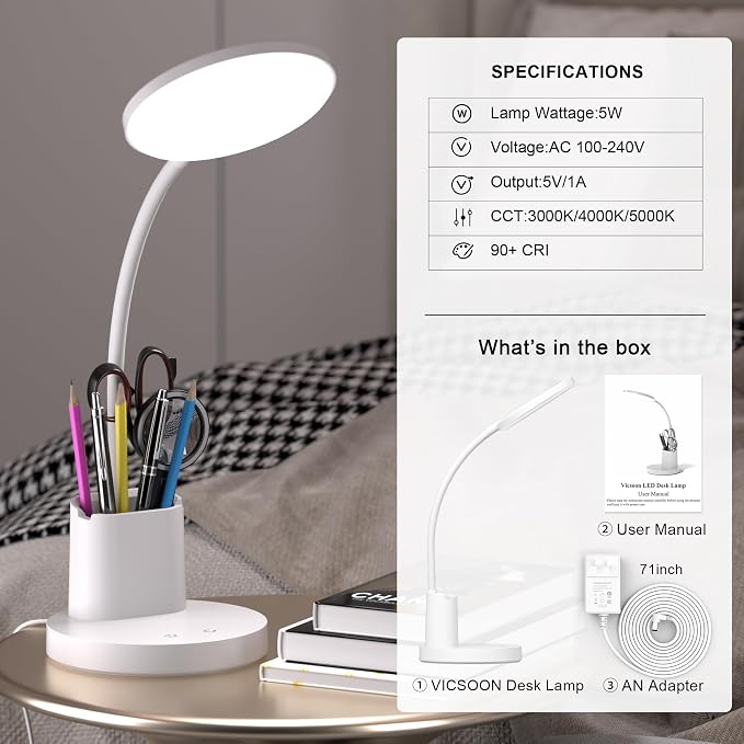 LED Desk Lamp for College Dorm with Pen Phone Holder, White | 3 Color Modes Dimmable Desk Light, College Dorm Essentials, 360° Adjustable Arm, Eye-caring Bedside Reading Lamp, 800 Lumen