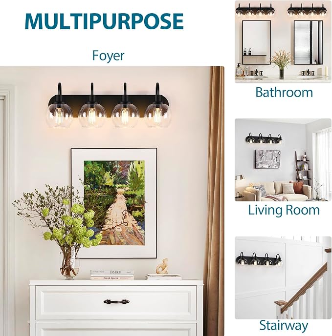 Dpyrrhic Industrial Bathroom Vanity Light， 4-Light Bathroom Lights Over Mirror with Clear Glass Globe Shade and Metal Base, Matte Black Bathroom Vanity Light Fixture