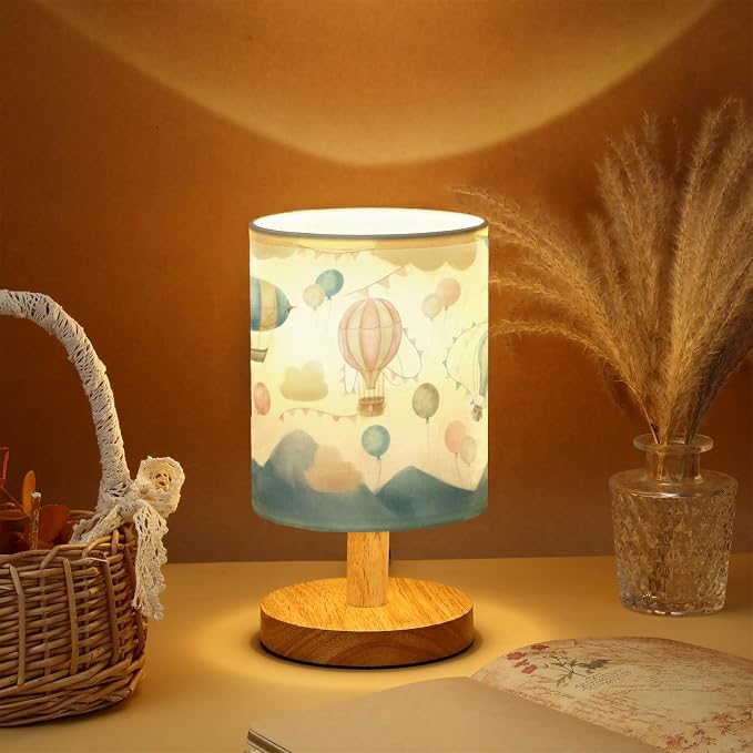 Hot Air Balloon Kids Table Lamp for Bedroom Kids Bedside Lamp with Linen Wooden Nightstand Cartoon Nursery Lampshade for Girls Boys Living Room