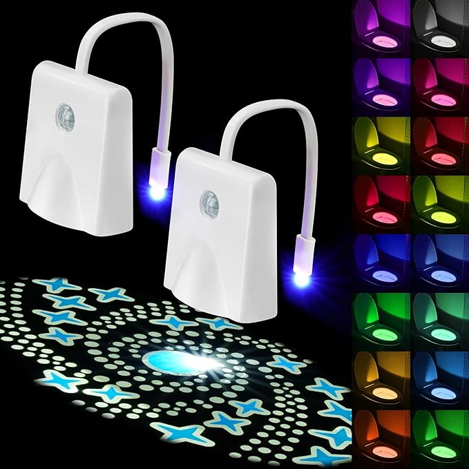 Toilet Night Lights, 2PCS Motion Sensor with Star Projector, USB Rechargeable 16 Colors Changing LED Bowl Lights, Bathroom Accessories Decor, Funny Gift for Men, Women, Kids