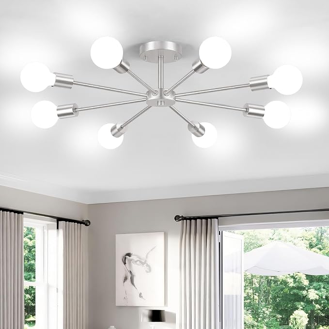 Lomoky 8-Lights Brushed Nickel Semi Flush Mount Ceiling Light Fixture, Modern Sputnik Hallway Light Fixtures Ceiling, E26 Close to Ceiling Lighting for Bedroom Dining Room Hallway