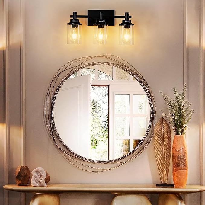 3 Light Bathroom Light Fixtures, Modern Black Vanity Lights Over Mirror, Wall Sconce with Clear Glass Shade and Metal Base, Vanity Lights for Bathroom, Wall Lamp for Mirror Bedroom Hallway