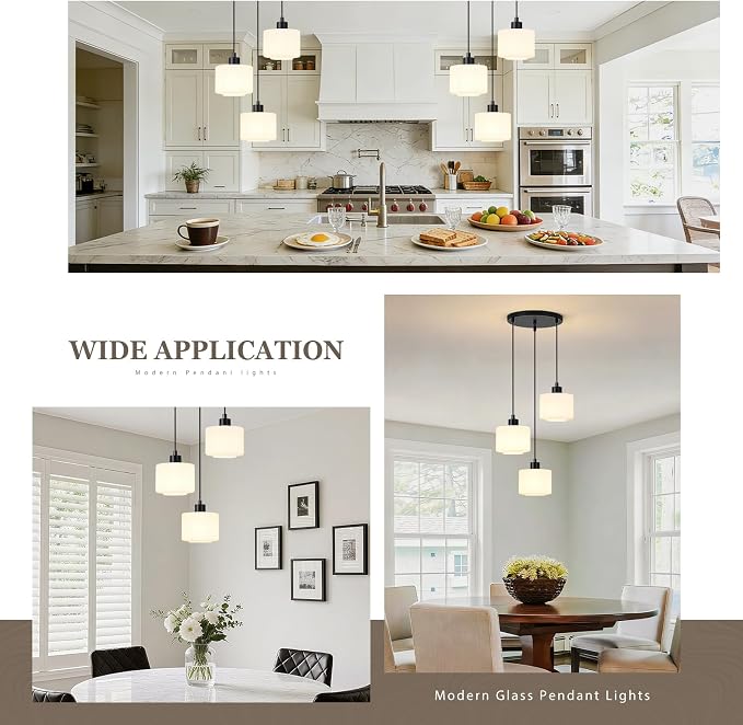 3-Light Pendant Lighting, Black Dining Room Chandelier Light Fixture Over Table with Milk Glass, Modern Cluster Hanging Lights for Kitchen Island Dining Room Sink, OS-YQ8153-3BKW