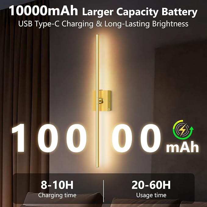 Eneru Battery Operated Wall Sconce 1 Pack, Gold Wireless Wall Light 31.5in | Rechargeable 10000mAh, Touch and Remote Control, 360° Rotate, 4CCT Dimmable, Wall Lamp for Living Room Bedroom Hallway