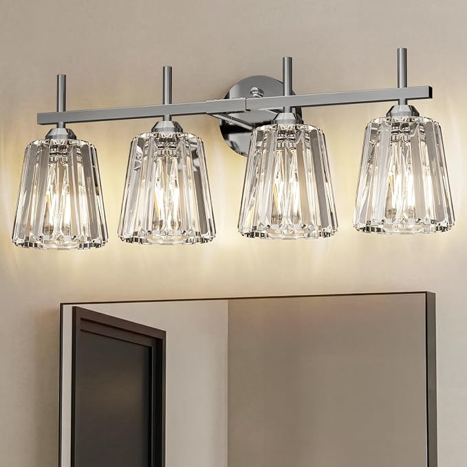 Crystal Bathroom Light Fixtures Over Mirror, Chrome 4-Light Bathroom Vanity Lights Over Mirror Modern Wall Lighting Sconces with Ceramic E26 Base (Bulbs Not Include)