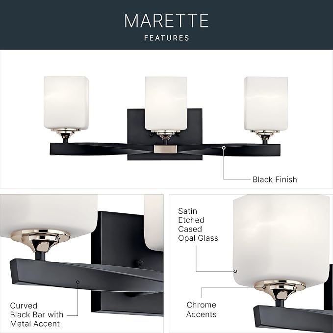 Kichler Marette 3-Light Bathroom Vanity Light, Black | Modern transitional vanity light with satin etched cased opal glass (22.75" x 8"), 55002BK