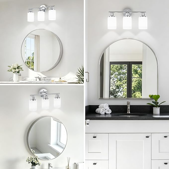 3-Light Chrome Vanity Lights for Mirror, Bathroom Light Fixtures with Textured Milky White Glass Shade, Modern Kitchen Light Fixtures Wall Sconce Light