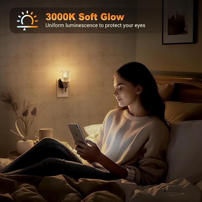 JandCase Night Light, Glass Night Lights Plug into Wall 2 Pack | Dimmable Floral LED Nightlight, 0-100LM Flower Nightlights, Dusk to Dawn Sensor, 1W Vintage Nite Light for Bathroom Gift